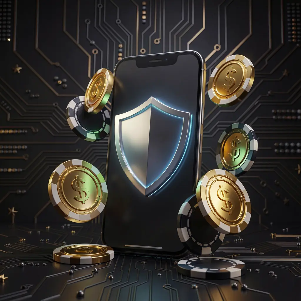 RF555 secure mobile casino app concept showing a smartphone with a glowing shield icon surrounded by golden coins and chips against a dark luxury cyber background in a realistic 3D render