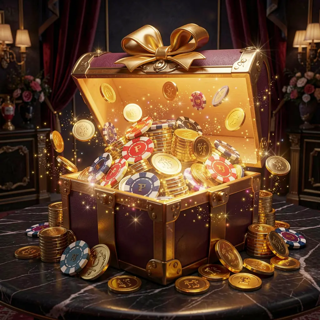 RF555 no deposit casino bonus concept with a glowing gift box filled with free casino chips and golden coins, surrounded by magical sparkle effects on a luxury dark background creating an exciting reward atmosphere