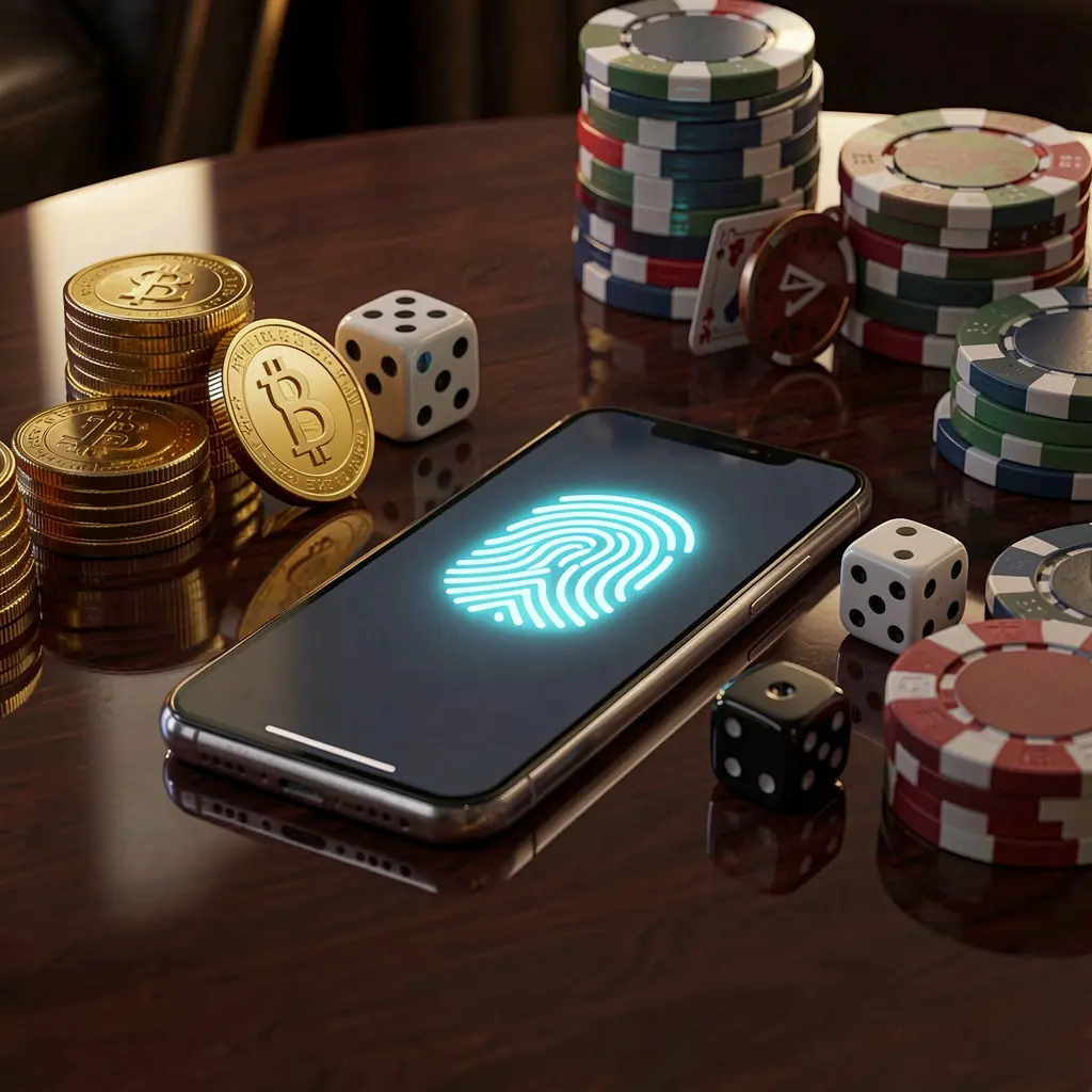 RF555 online gaming account access scene showing a smartphone with glowing fingerprint icon surrounded by golden coins, dice, and poker chips on a glossy table with cinematic lighting