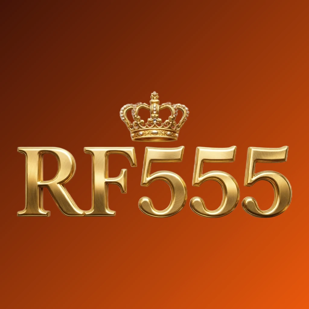 RF555 luxury brand logo with a gold metallic crown above the letters, featuring a royal design and a wide horizontal rectangular wordmark on a transparent background