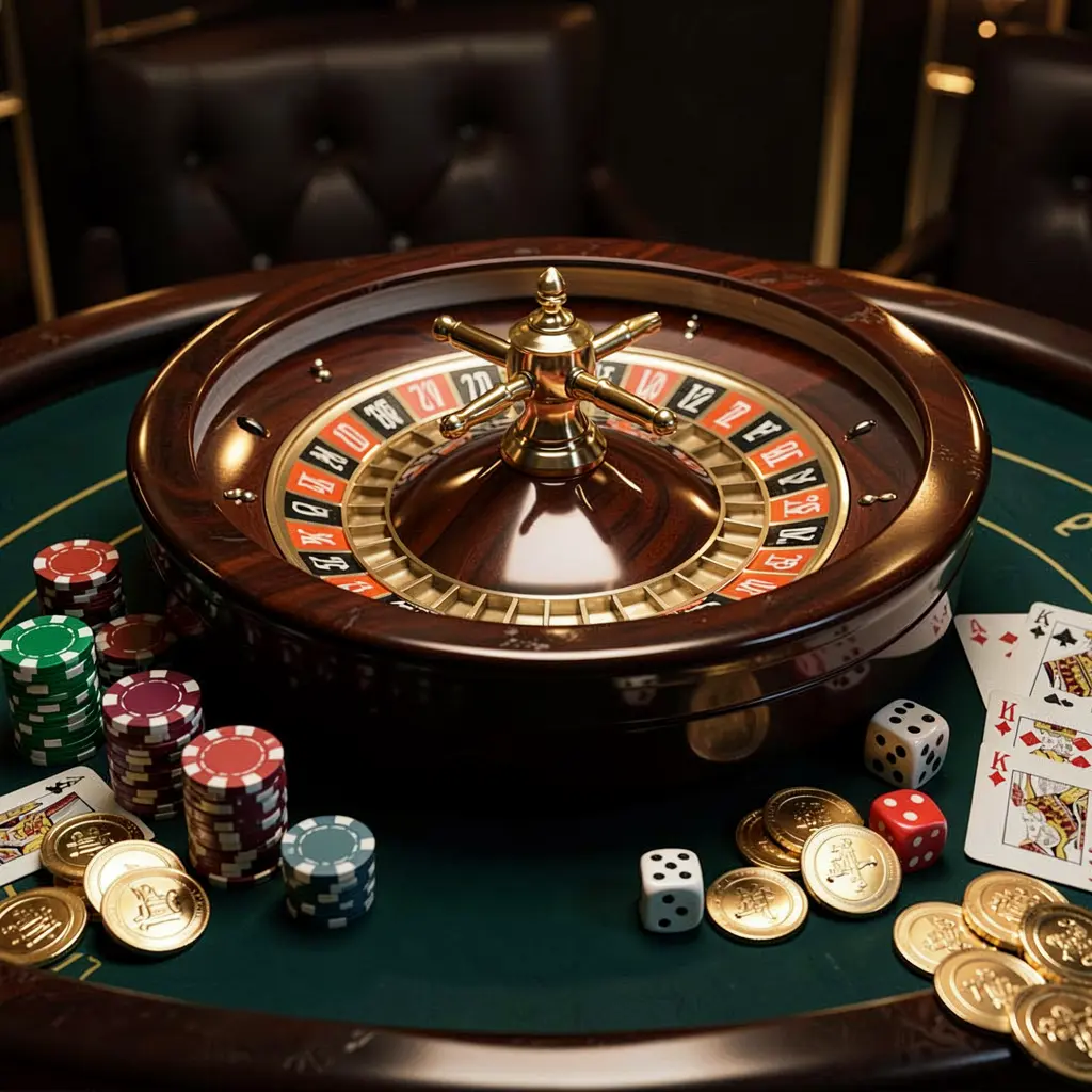 RF555 premium casino homepage scene featuring a roulette wheel spinning on a glossy table surrounded by poker chips, dice, cards, and golden coins with an elegant dark background and cinematic lighting
